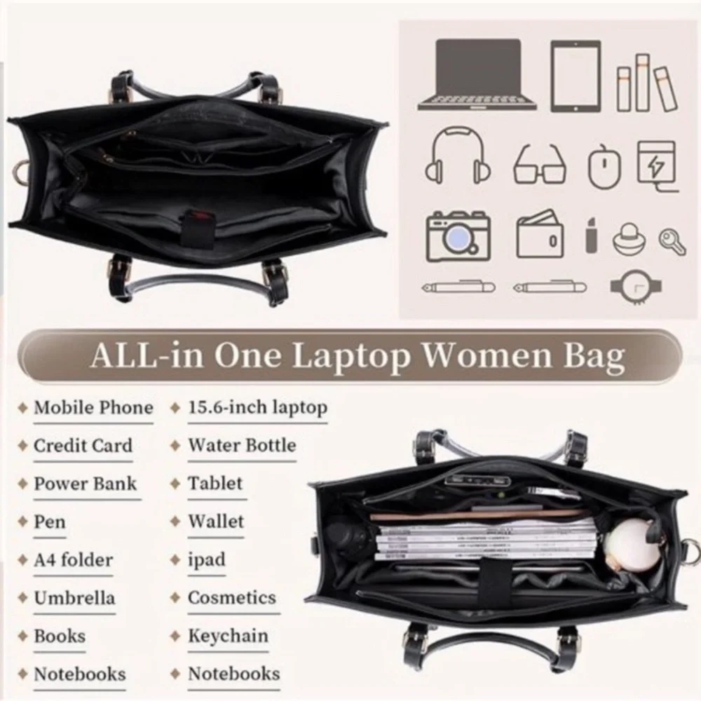 Laptop Bag for Women 15.6 inch Waterproof Laptop Tote Work Bag Leather Bag Black
